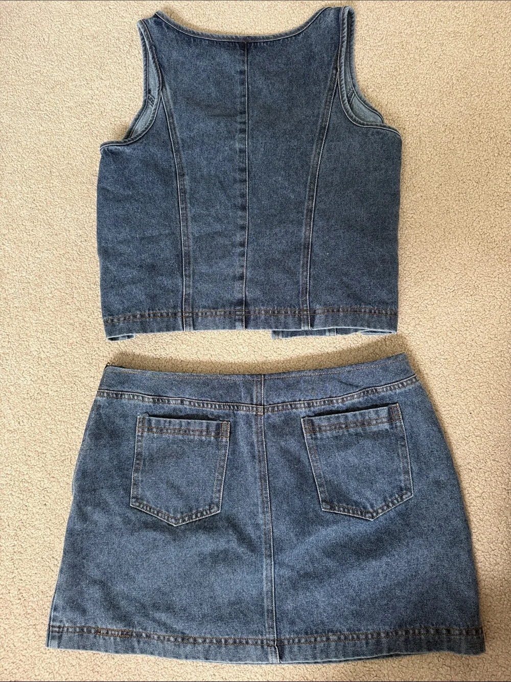 Denim Lace-Up Crop Top and Mini Skirt Set - Blue